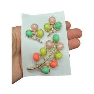 Sarah Coventry Multicolor Pastel Fruit-Branch Brooch and Clip Earrings Set
